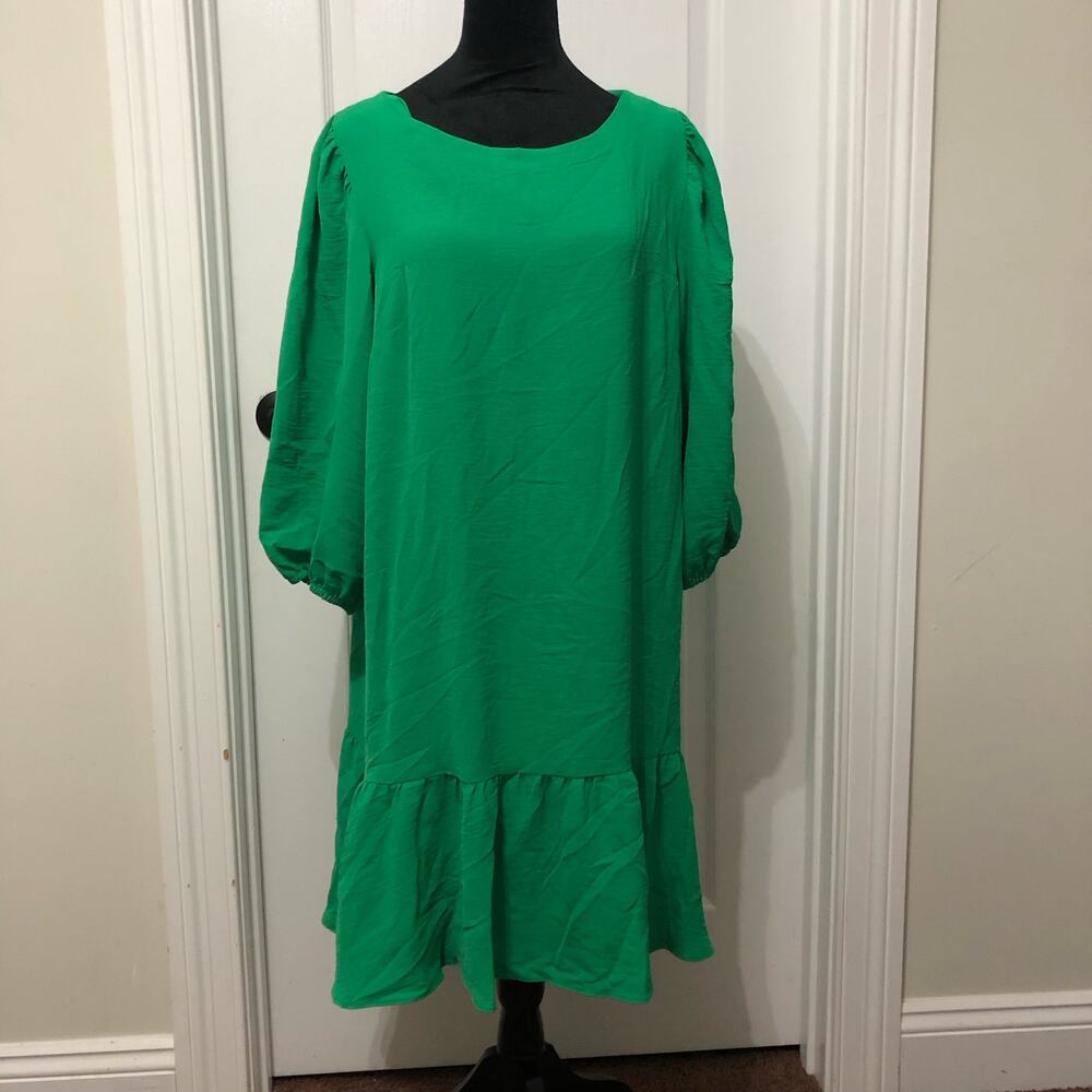 DKNY Green Puff Sleeve Ruffle Hem Shift‎ Dress DD1H7556 Womens Size 16 NWT